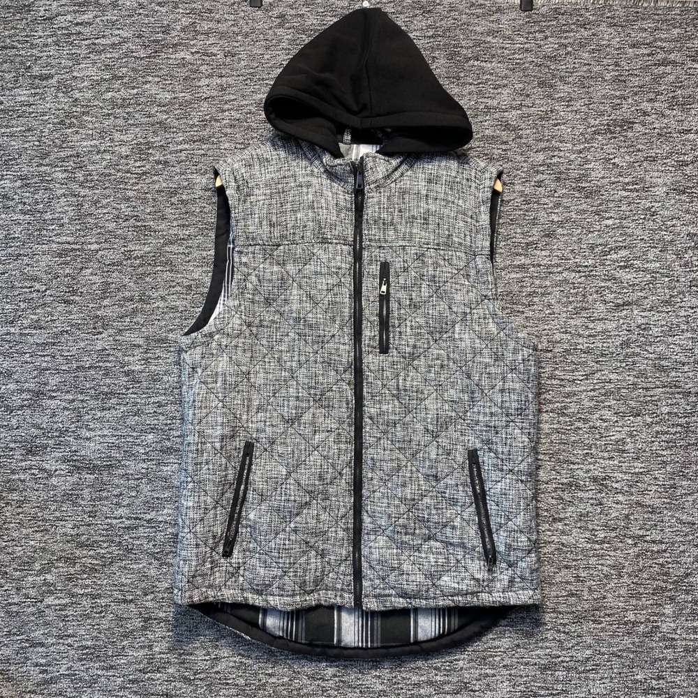 BKE Hooded Puffer Vest Mens L Gray Diamond Quilted Plaid Lining Full Zip Hooded